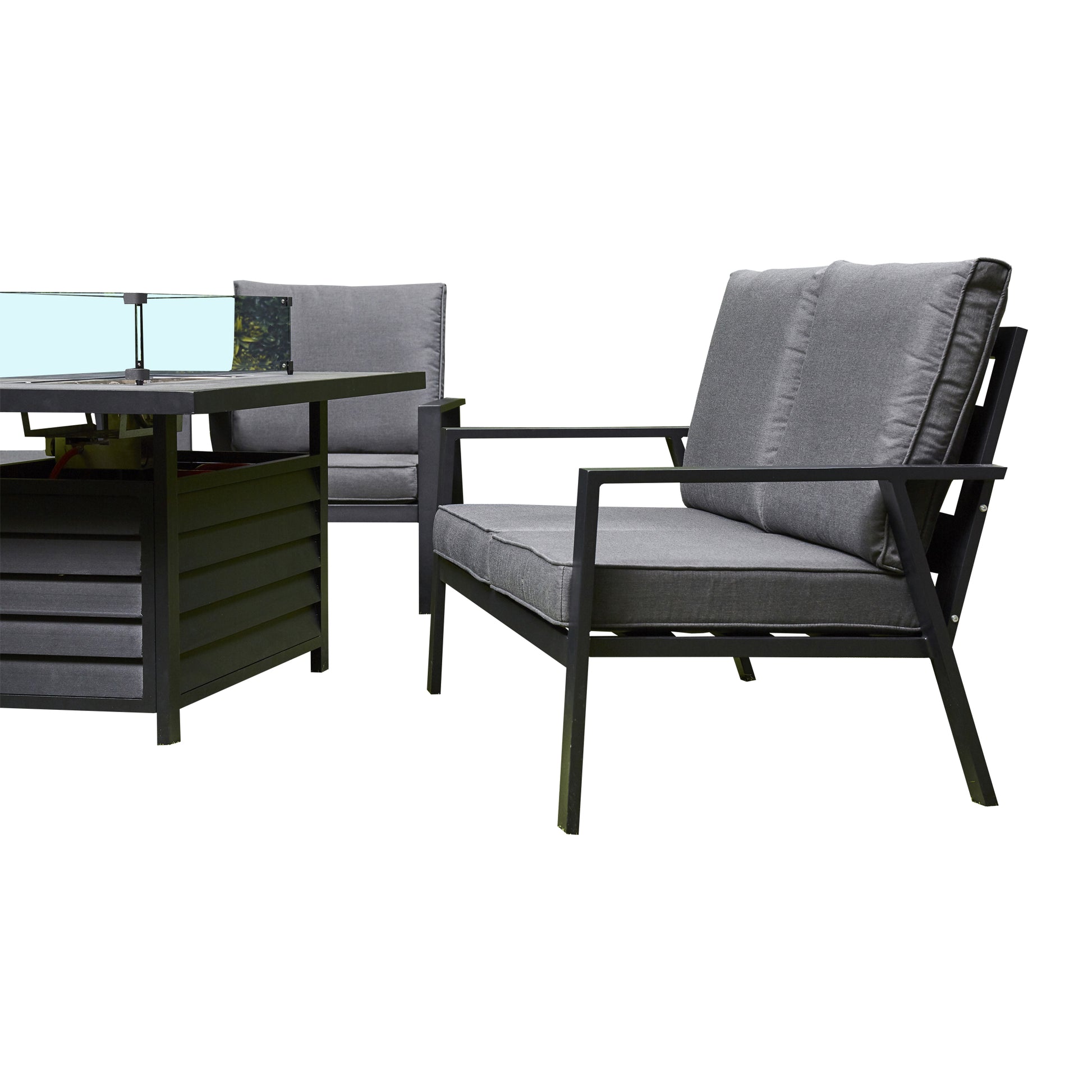Grey Firepit Dining Set - 3 Seat Sofa, 2 Seat Sofa, 2 Chairs and Firepit Table