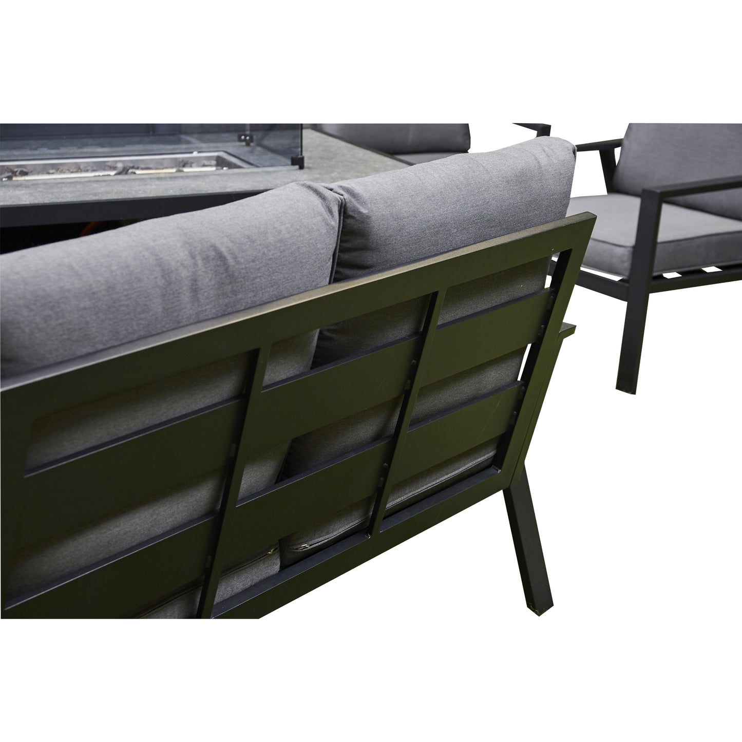 Grey Firepit Dining Set - 3 Seat Sofa, 2 Seat Sofa, 2 Chairs and Firepit Table