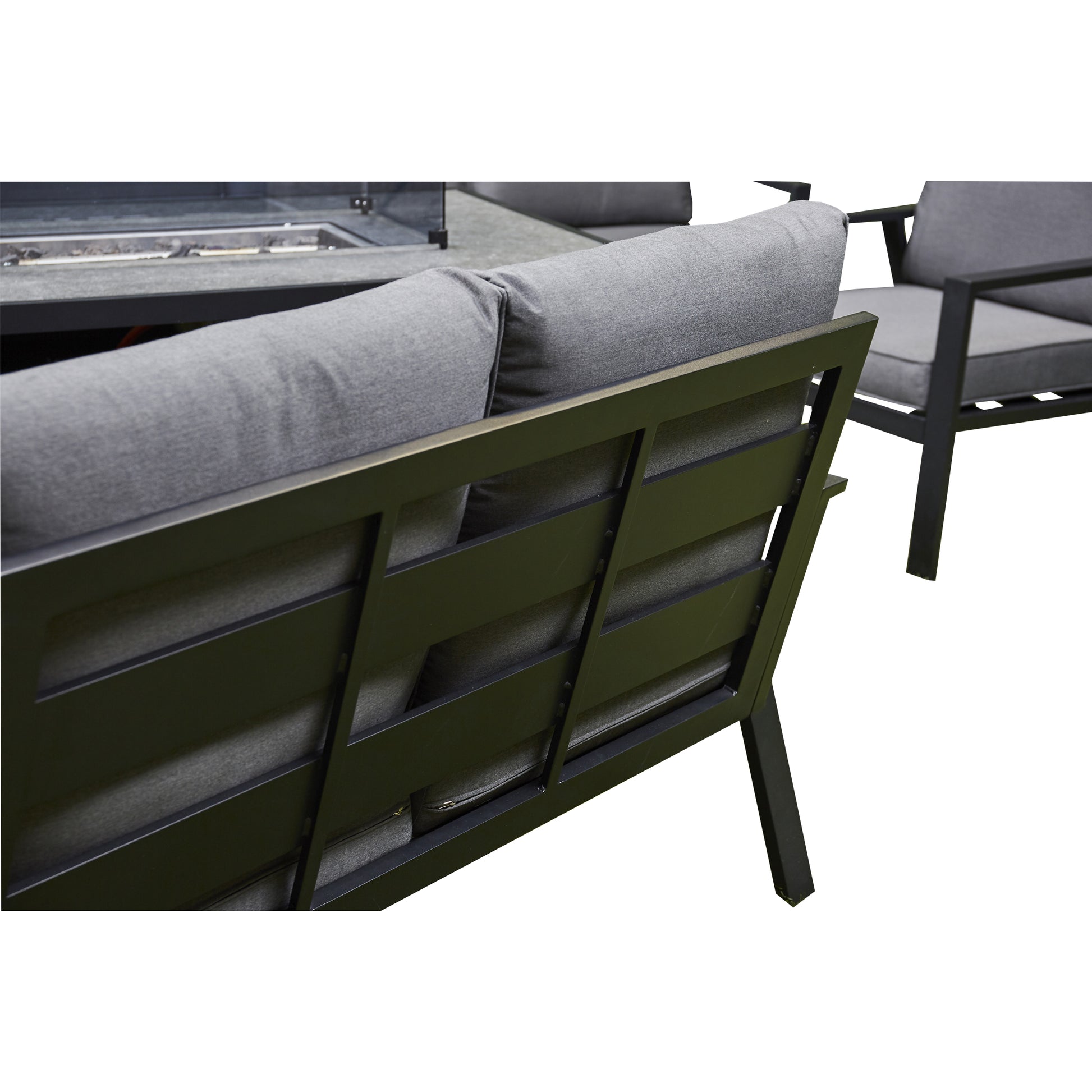 Grey Firepit Dining Set - 3 Seat Sofa, 2 Seat Sofa, 2 Chairs and Firepit Table