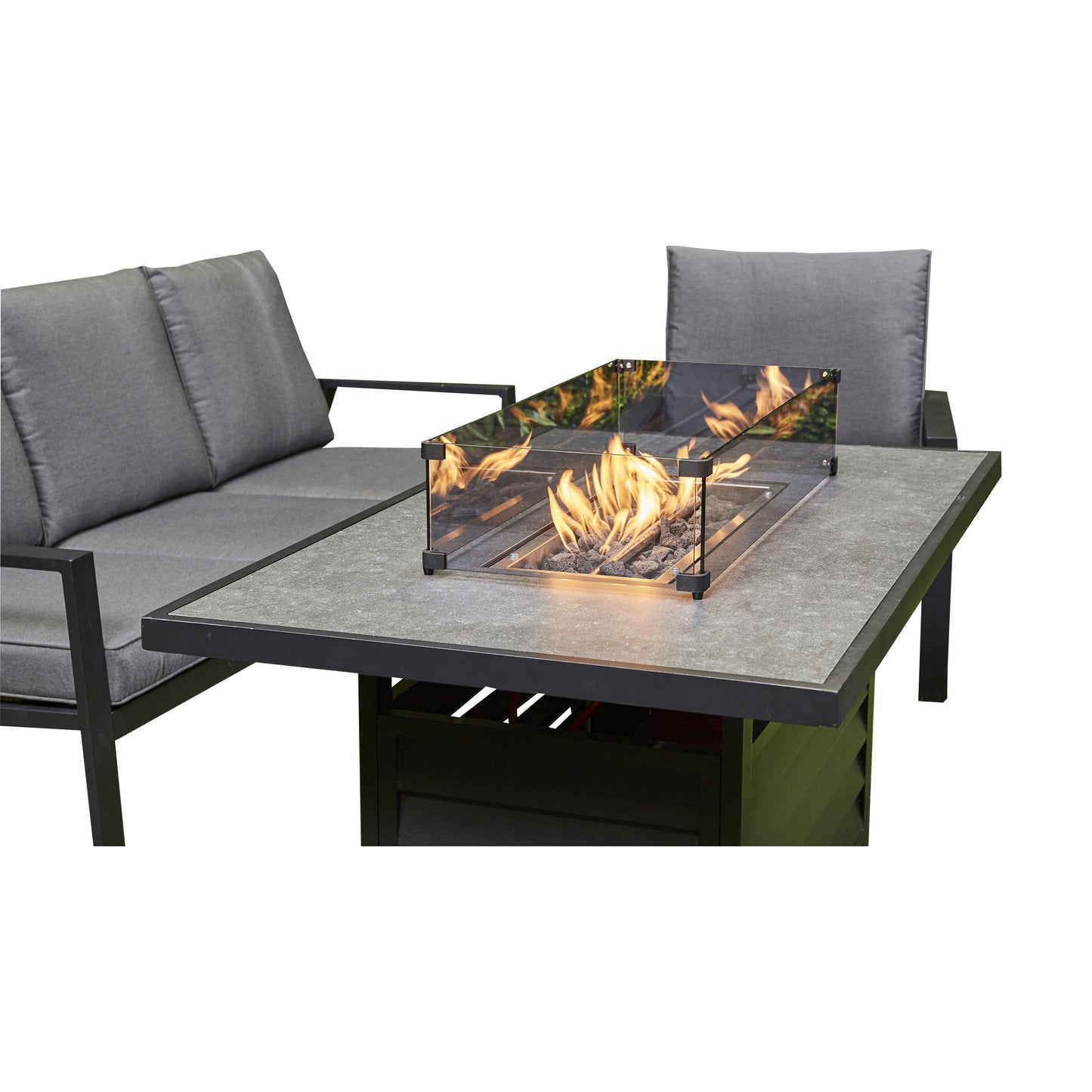 Grey Firepit Dining Set - 3 Seat Sofa, 2 Seat Sofa, 2 Chairs and Firepit Table