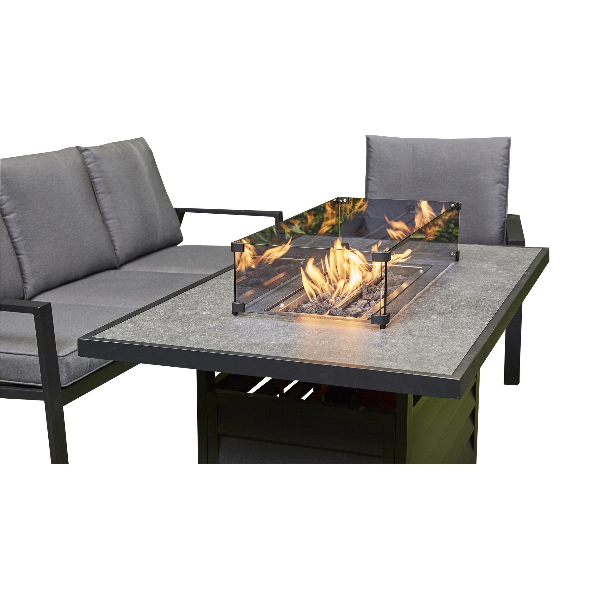 Grey Firepit Dining Set - 3 Seat Sofa, 2 Seat Sofa, 2 Chairs and Firepit Table