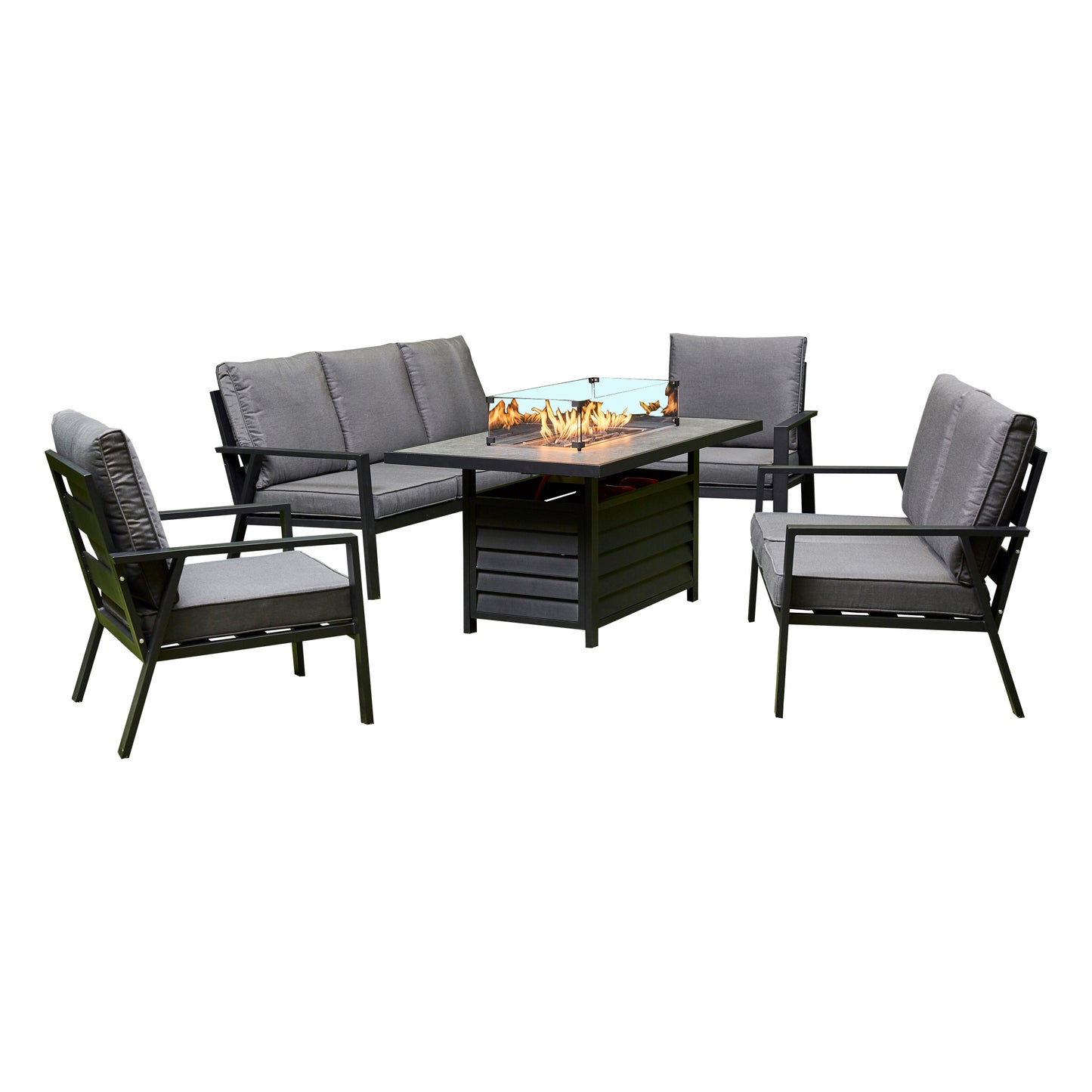 Grey Firepit Dining Set - 3 Seat Sofa, 2 Seat Sofa, 2 Chairs and Firepit Table