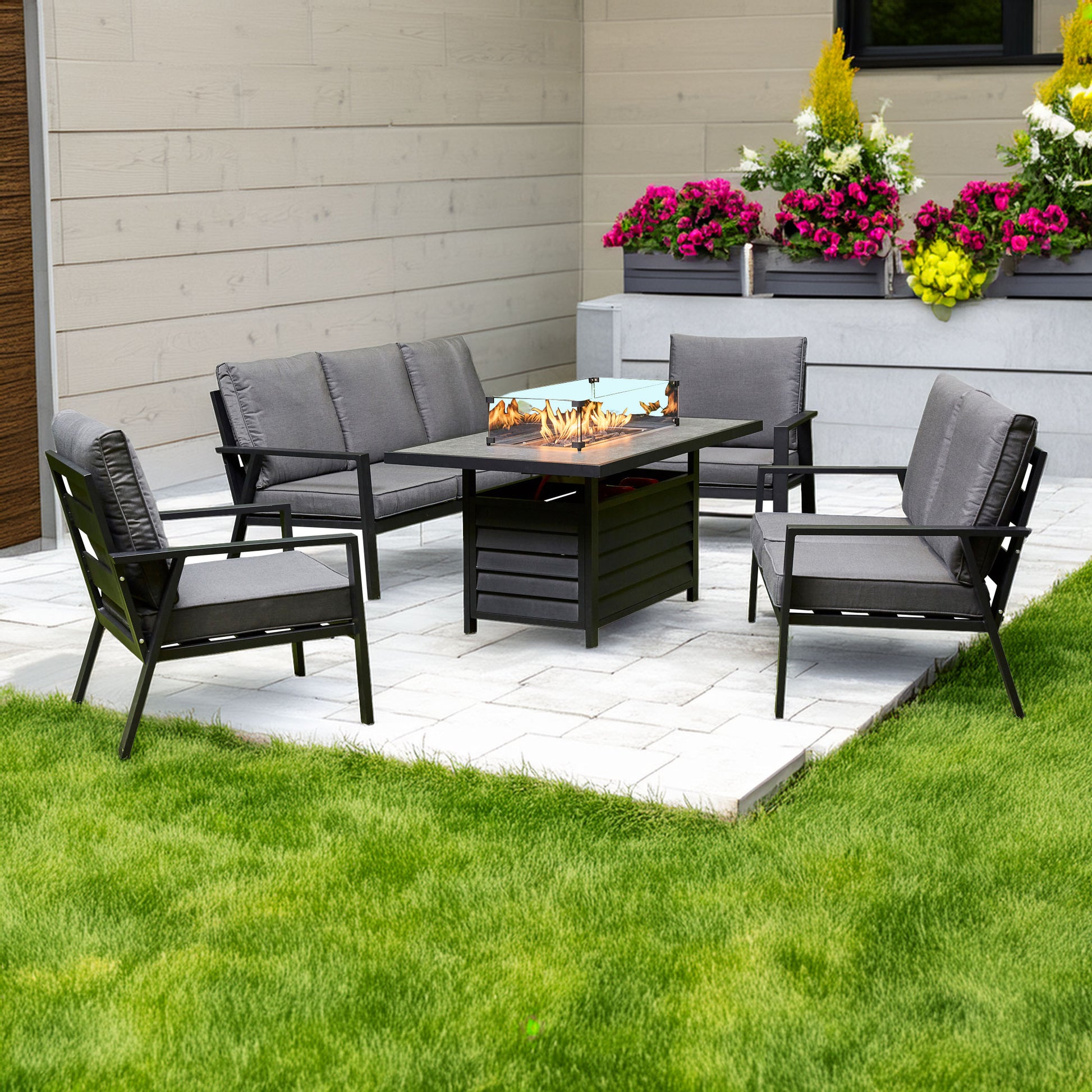 Grey Firepit Dining Set - 3 Seat Sofa, 2 Seat Sofa, 2 Chairs and Firepit Table