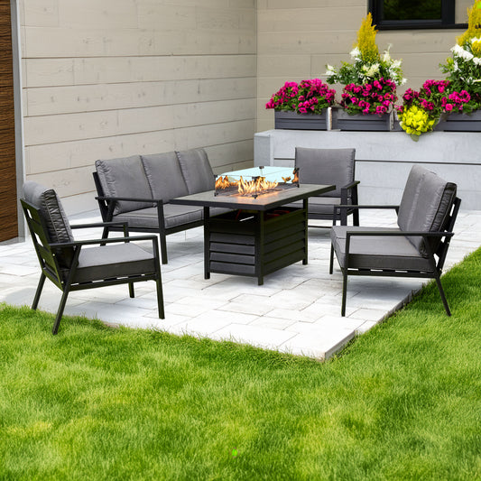 Grey Firepit Dining Set - 3 Seat Sofa, 2 Seat Sofa, 2 Chairs and Firepit Table