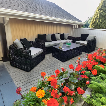 Rattan Outdoor Sofa Set - 3 seater, 2 chairs and coffee table. Grey or Black