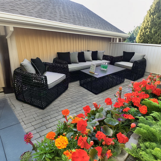 Rattan Outdoor Sofa Set - 3 seater, 2 chairs and coffee table. Grey or Black