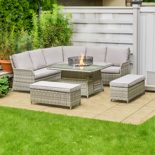Grey Outdoor Corner Sofa with Square Firepit Table and 2 Benches