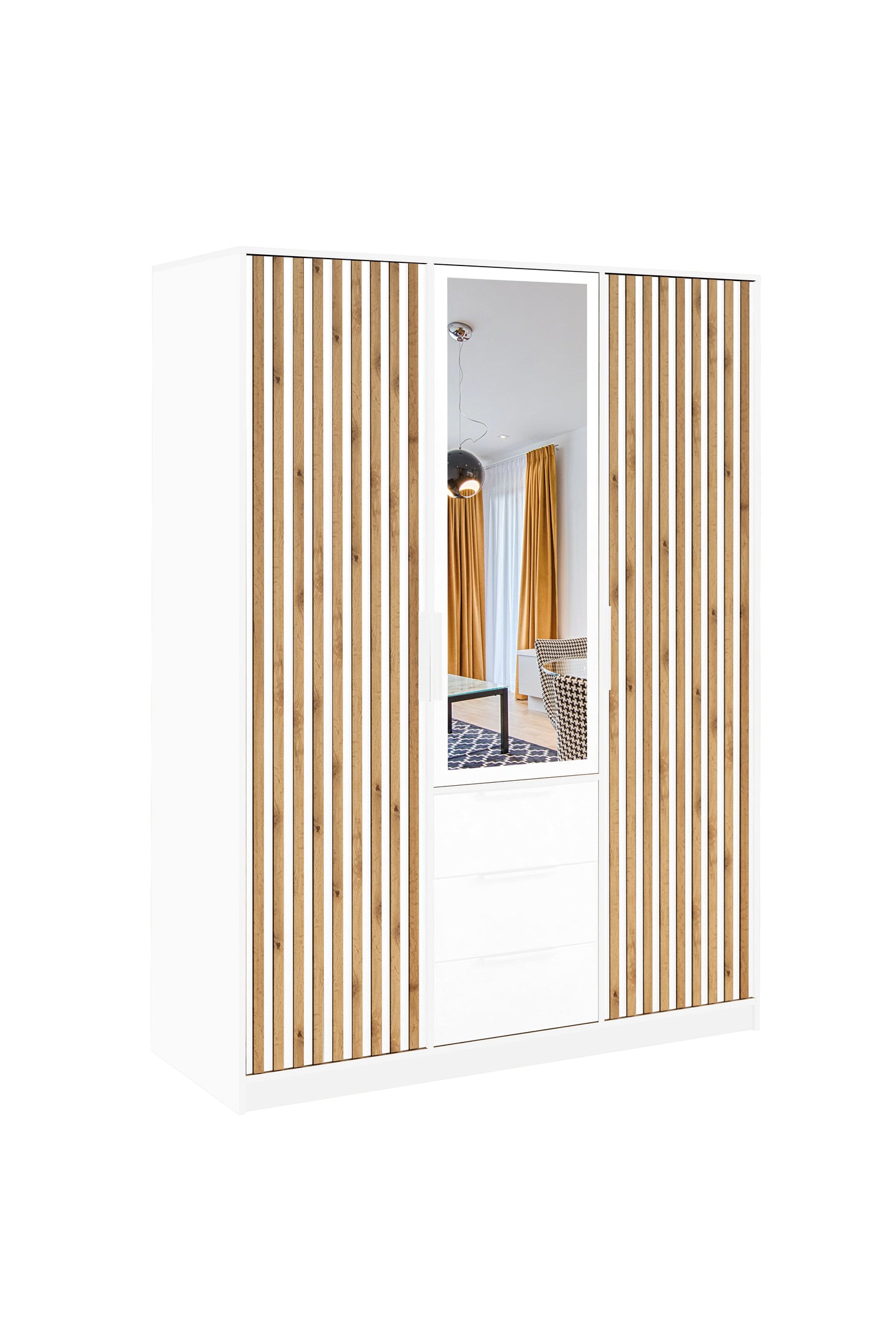 Bali Lux 3-Door Wardrobe - Oak Wotan & White Matt with Mirror and Decorative Lamellas