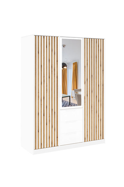 Bali Lux 3-Door Wardrobe - Oak Wotan & White Matt with Mirror and Decorative Lamellas