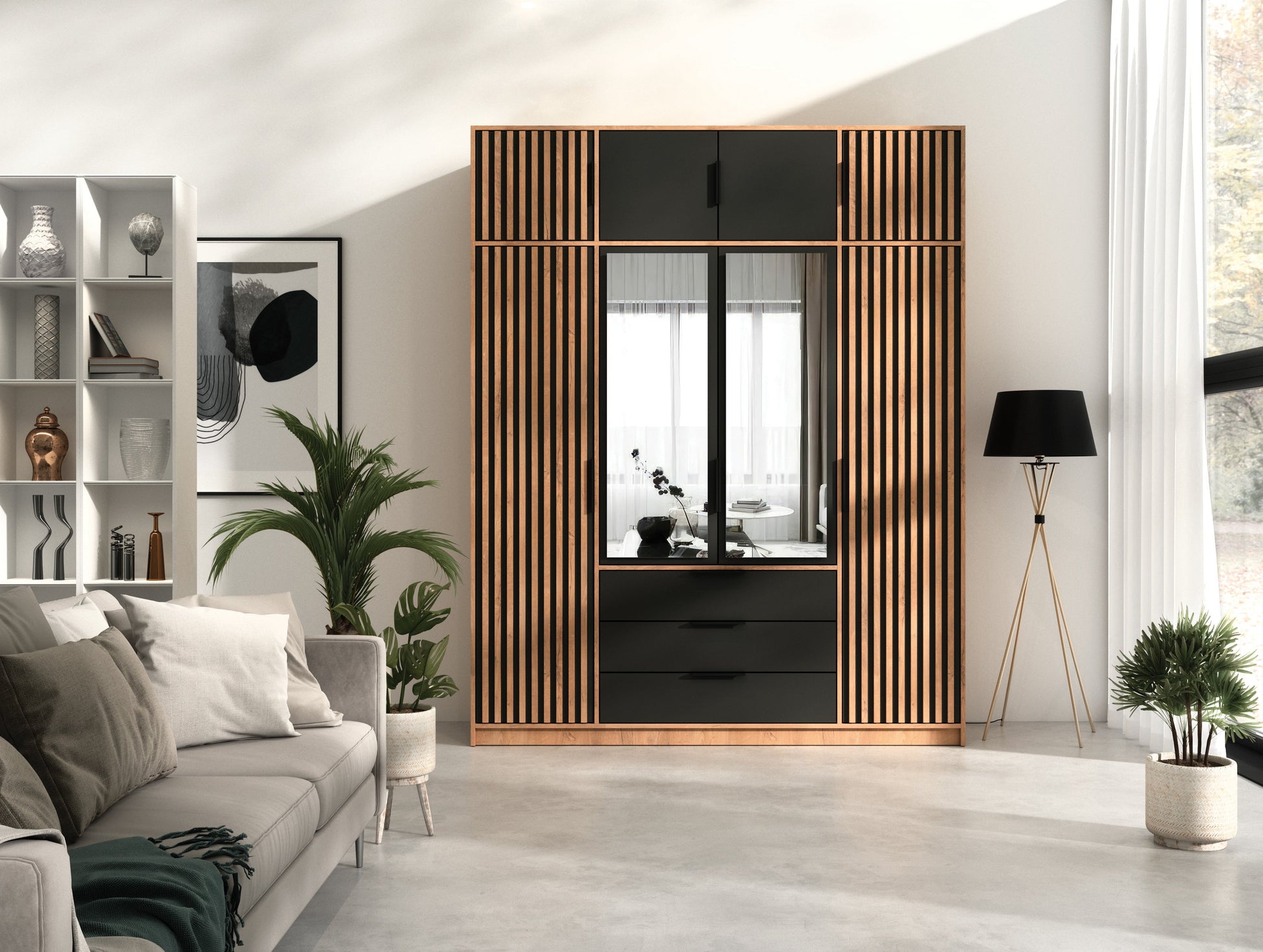 Bali Lux 4-Door Wardrobe - Oak Wotan & Black Matt with Mirror and Lamella Detailing