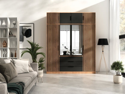 Bali Lux 4-Door Wardrobe - Oak Wotan & Black Matt with Mirror and Lamella Detailing