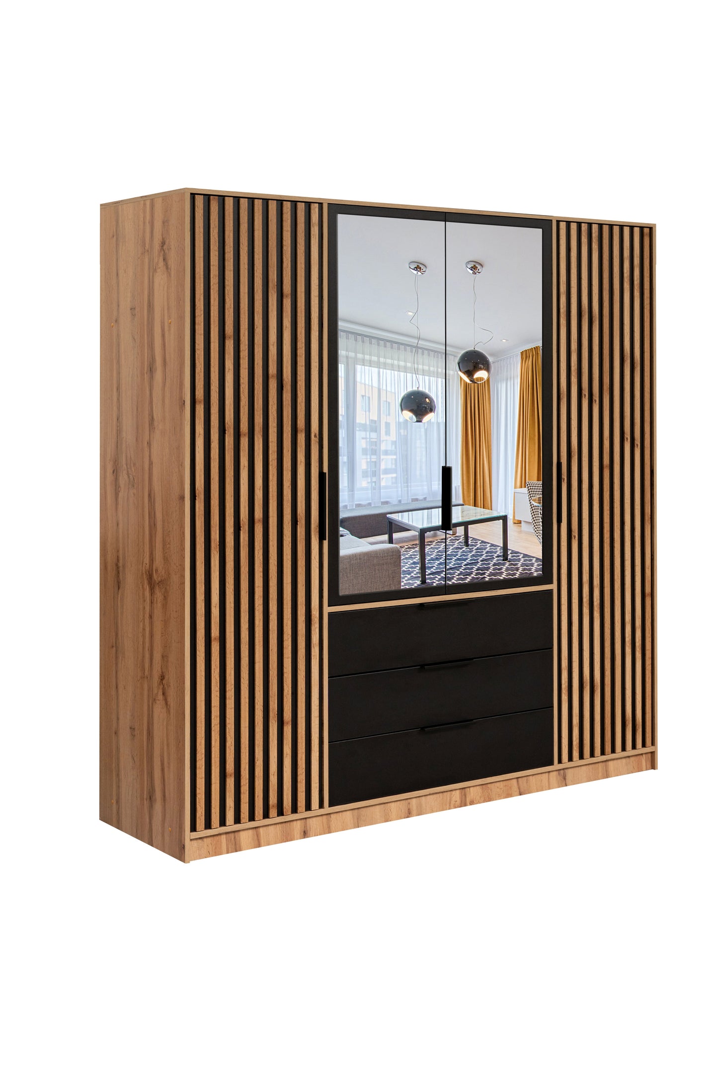 Bali Lux 4-Door Wardrobe - Oak Wotan & Black Matt with Mirror and Lamella Detailing