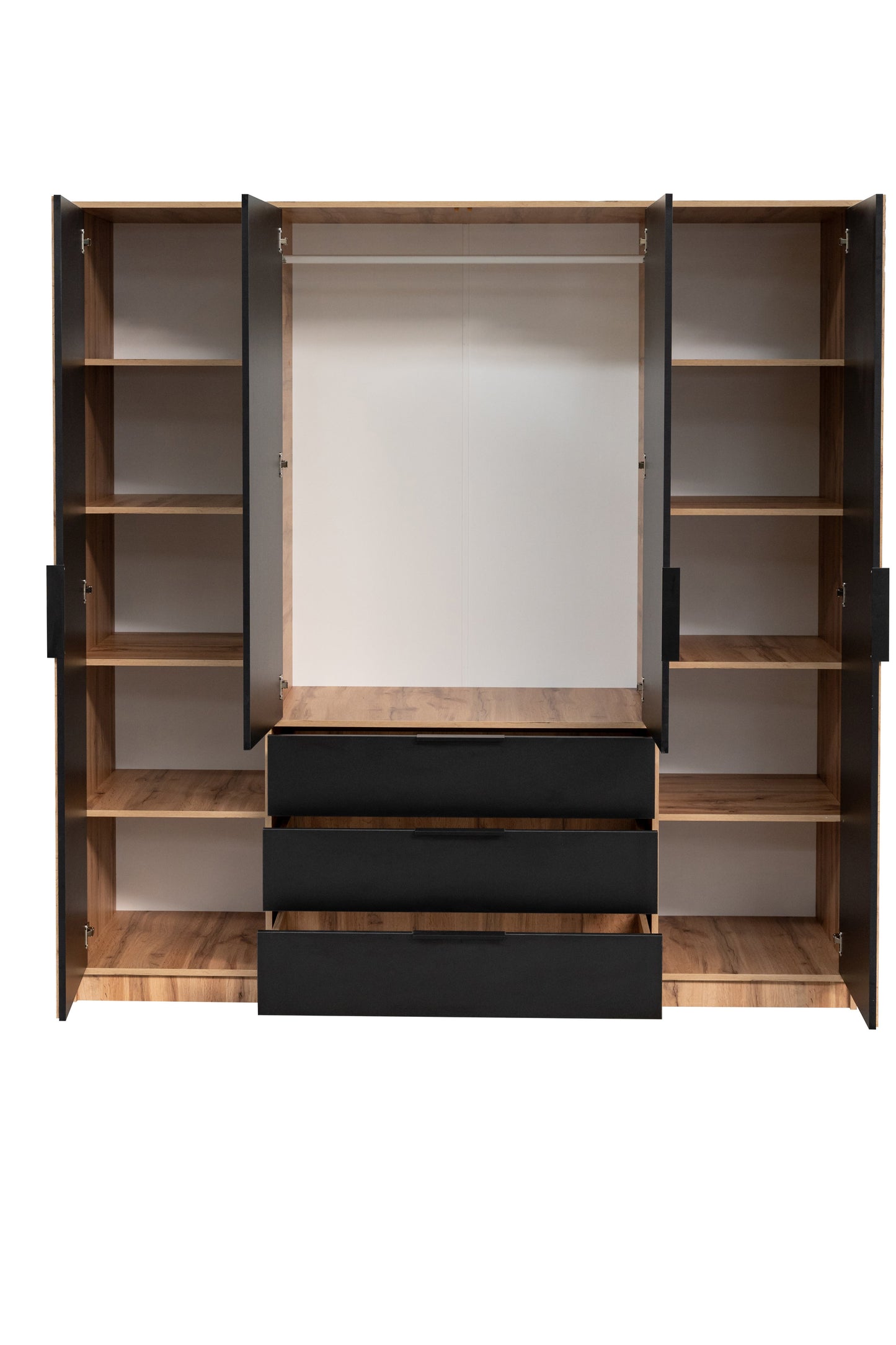 Bali Lux 4-Door Wardrobe - Oak Wotan & Black Matt with Mirror and Lamella Detailing