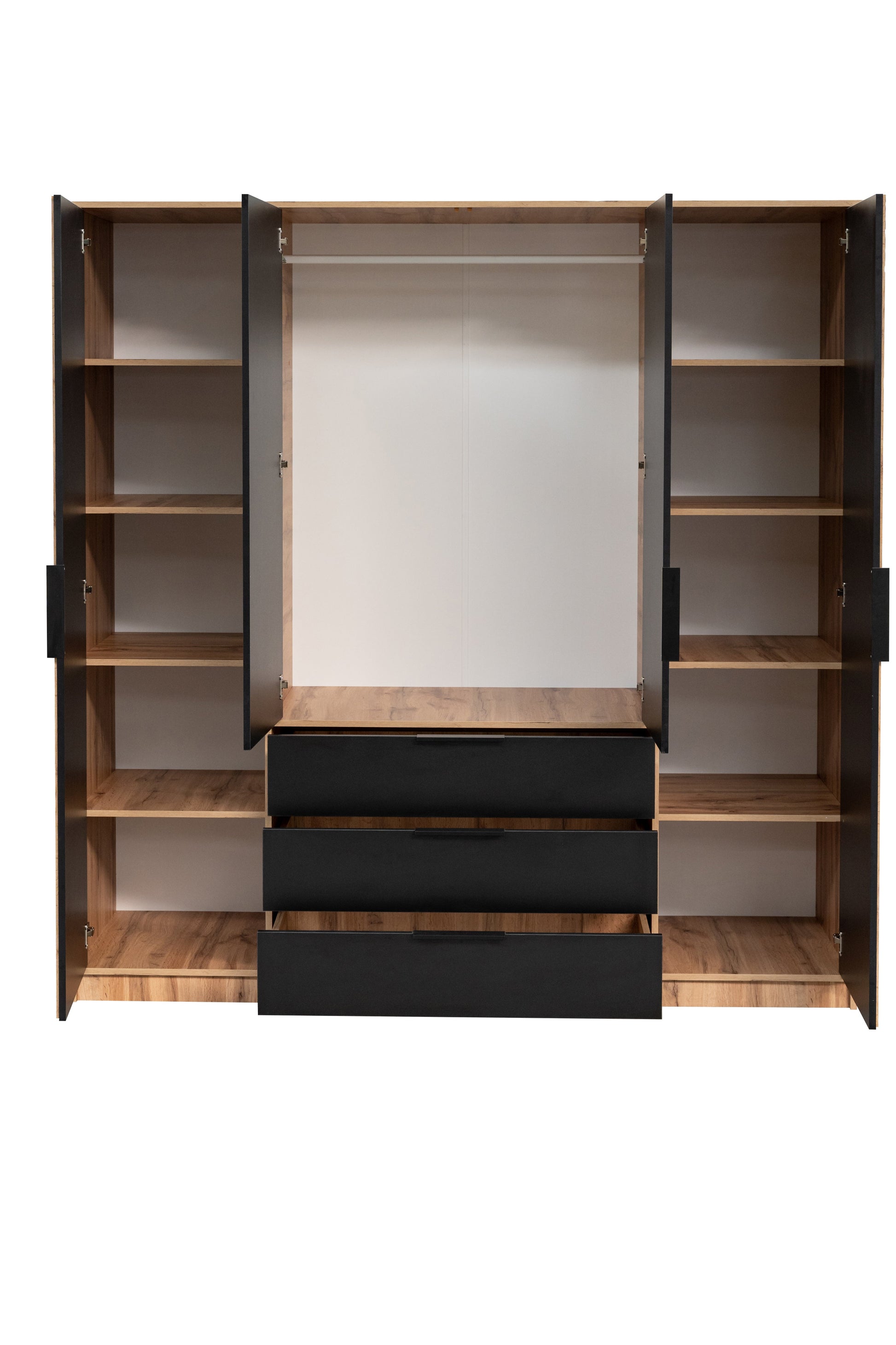 Bali Lux 4-Door Wardrobe - Oak Wotan & Black Matt with Mirror and Lamella Detailing