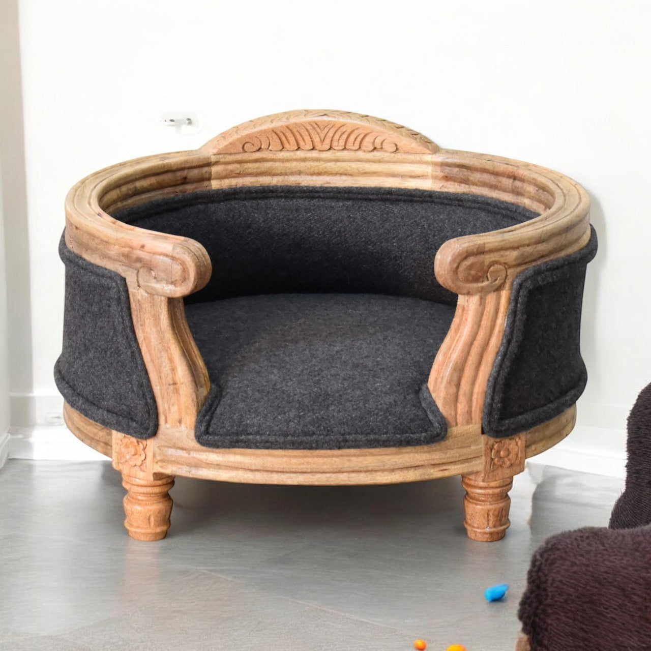 Battleship Tweed Pet Bed. 100% Solid Mango Wood