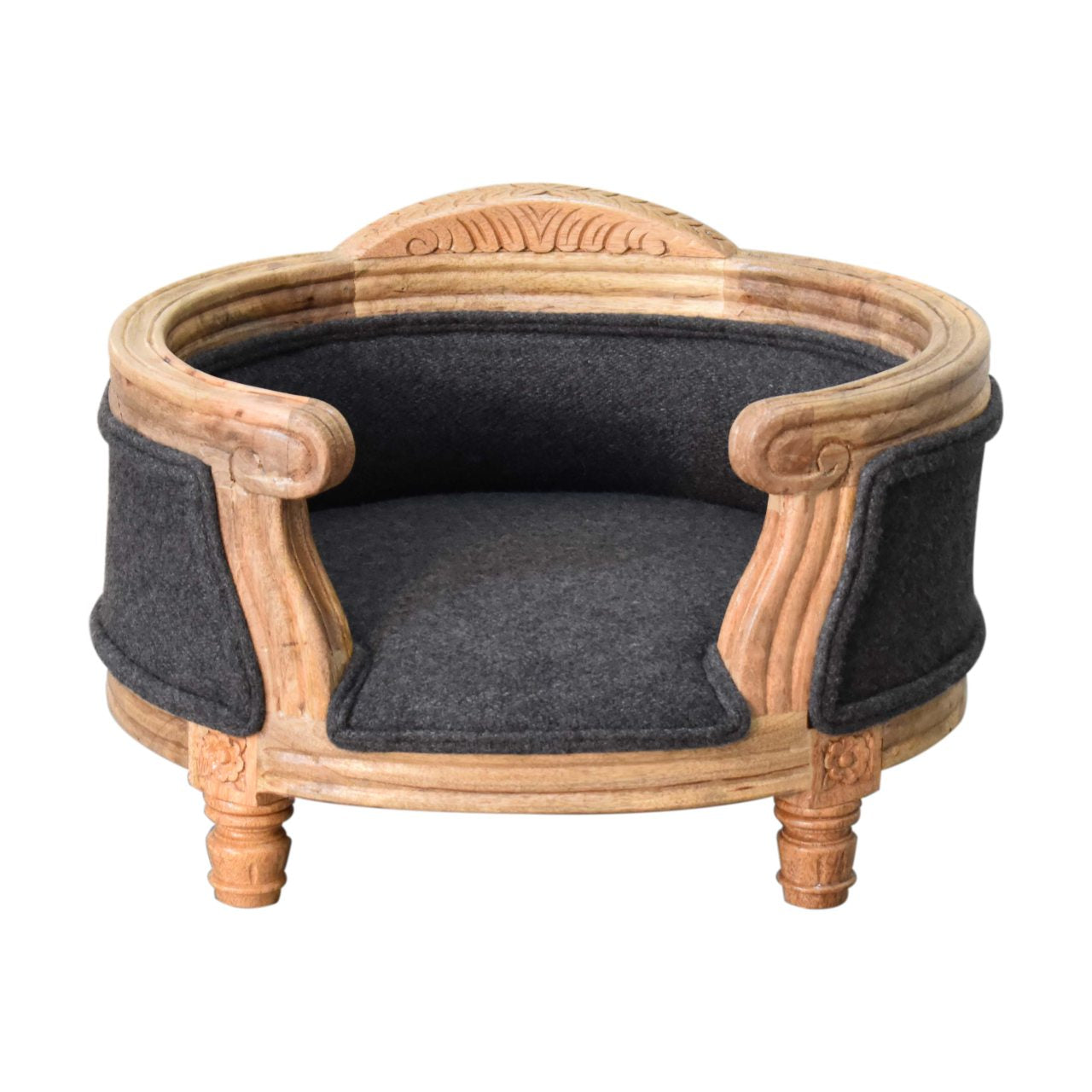 Battleship Tweed Pet Bed. 100% Solid Mango Wood