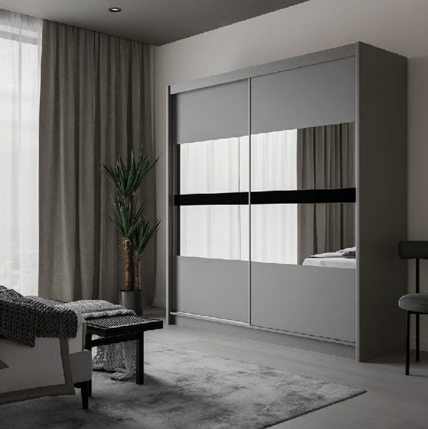 BATUMI 203cm Sliding Door Wardrobe in Grey Matte - Stylish Mirrored Elegance with Ample Storage