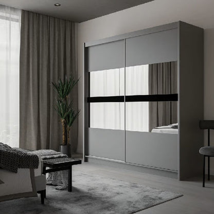 BATUMI 203cm Sliding Door Wardrobe in Grey Matte - Stylish Mirrored Elegance with Ample Storage