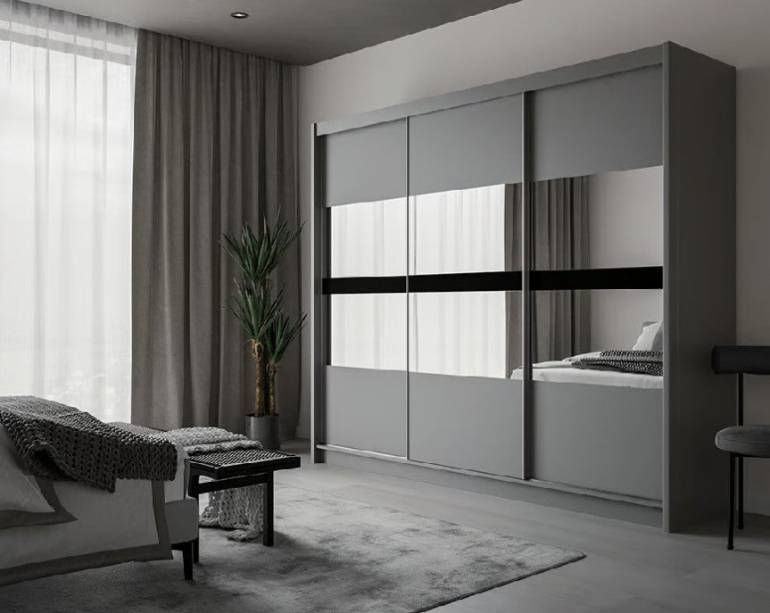 BATUMI 250cm Sliding Door Wardrobe in Grey Matte - Modern Mirrored Elegance with Flexible Storage