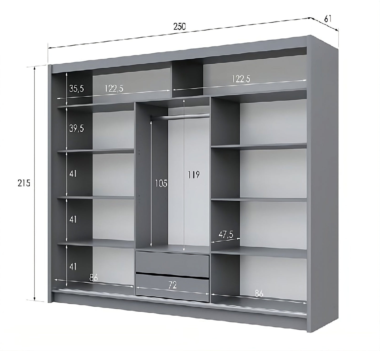 BATUMI 250cm Sliding Door Wardrobe in Grey Matte - Modern Mirrored Elegance with Flexible Storage