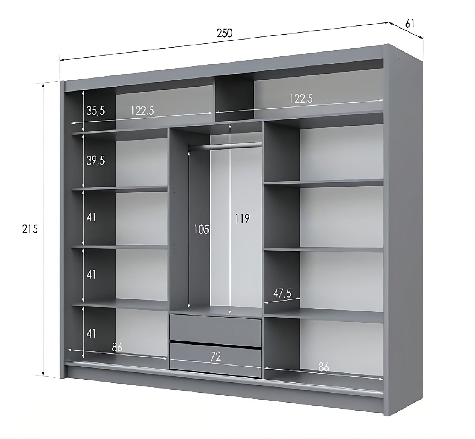 BATUMI 250cm Sliding Door Wardrobe in Grey Matte - Modern Mirrored Elegance with Flexible Storage