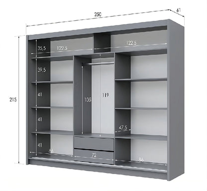 BATUMI 250cm Sliding Door Wardrobe in Grey Matte - Modern Mirrored Elegance with Flexible Storage