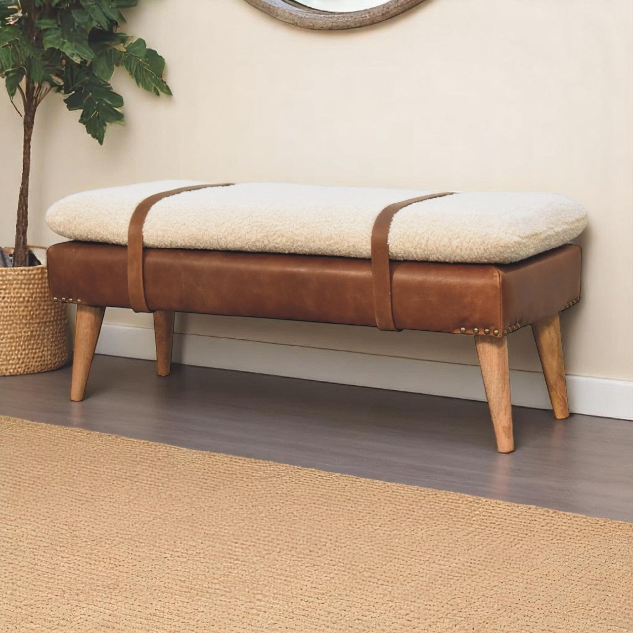 Bouclé Buffalo Leather Bench.  100% cotton & natural yarn