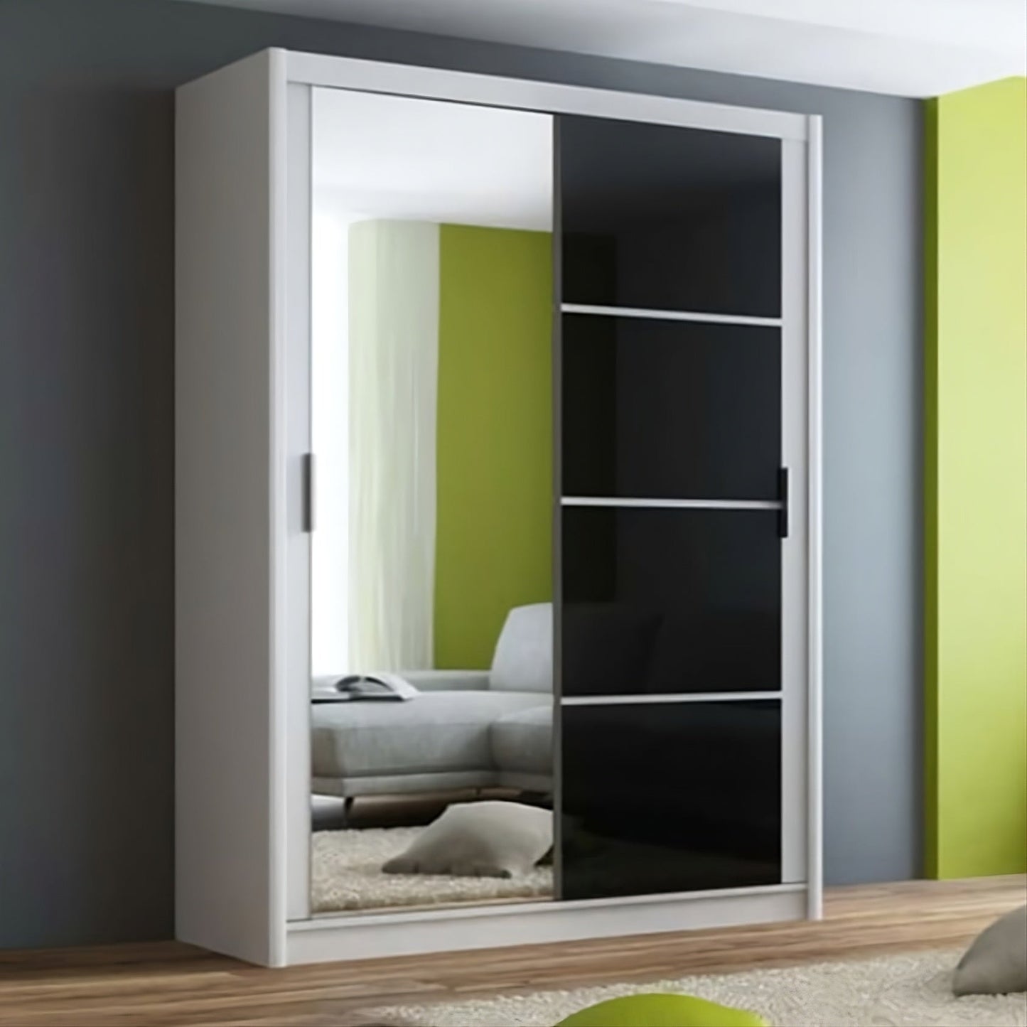 Contemporary White & Black Sliding Door Wardrobe 150cm - Mirrored Modern Storage