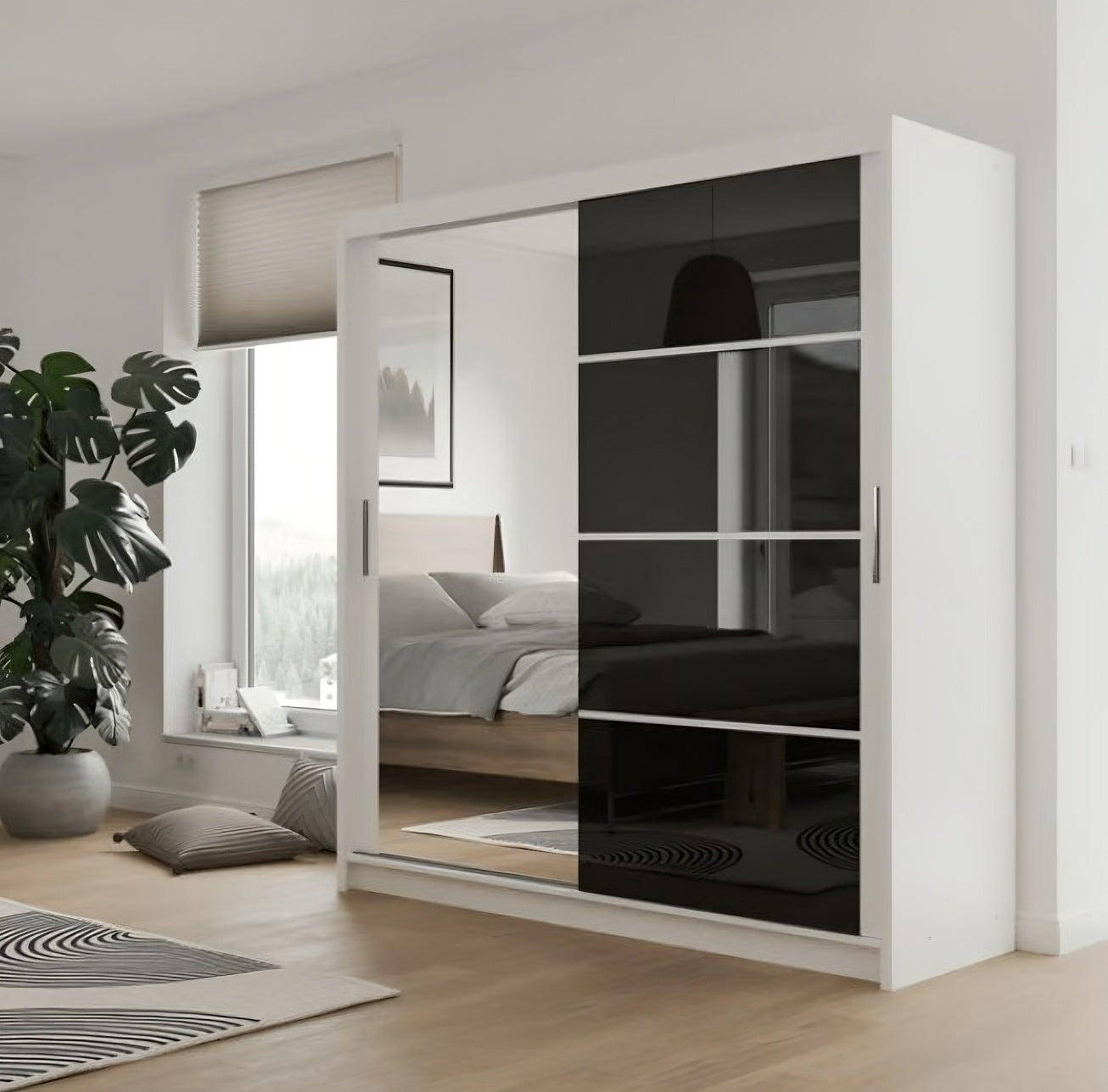White Gloss & Black Gloss Sliding Wardrobe 203cm - Bold Contrast with Smart Mirrored Finish