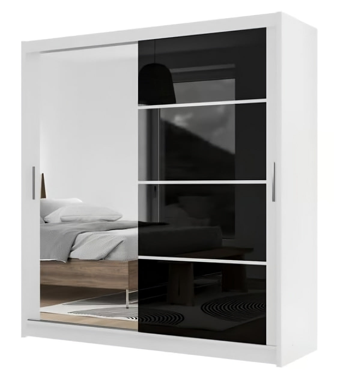 White Gloss & Black Gloss Sliding Wardrobe 203cm - Bold Contrast with Smart Mirrored Finish