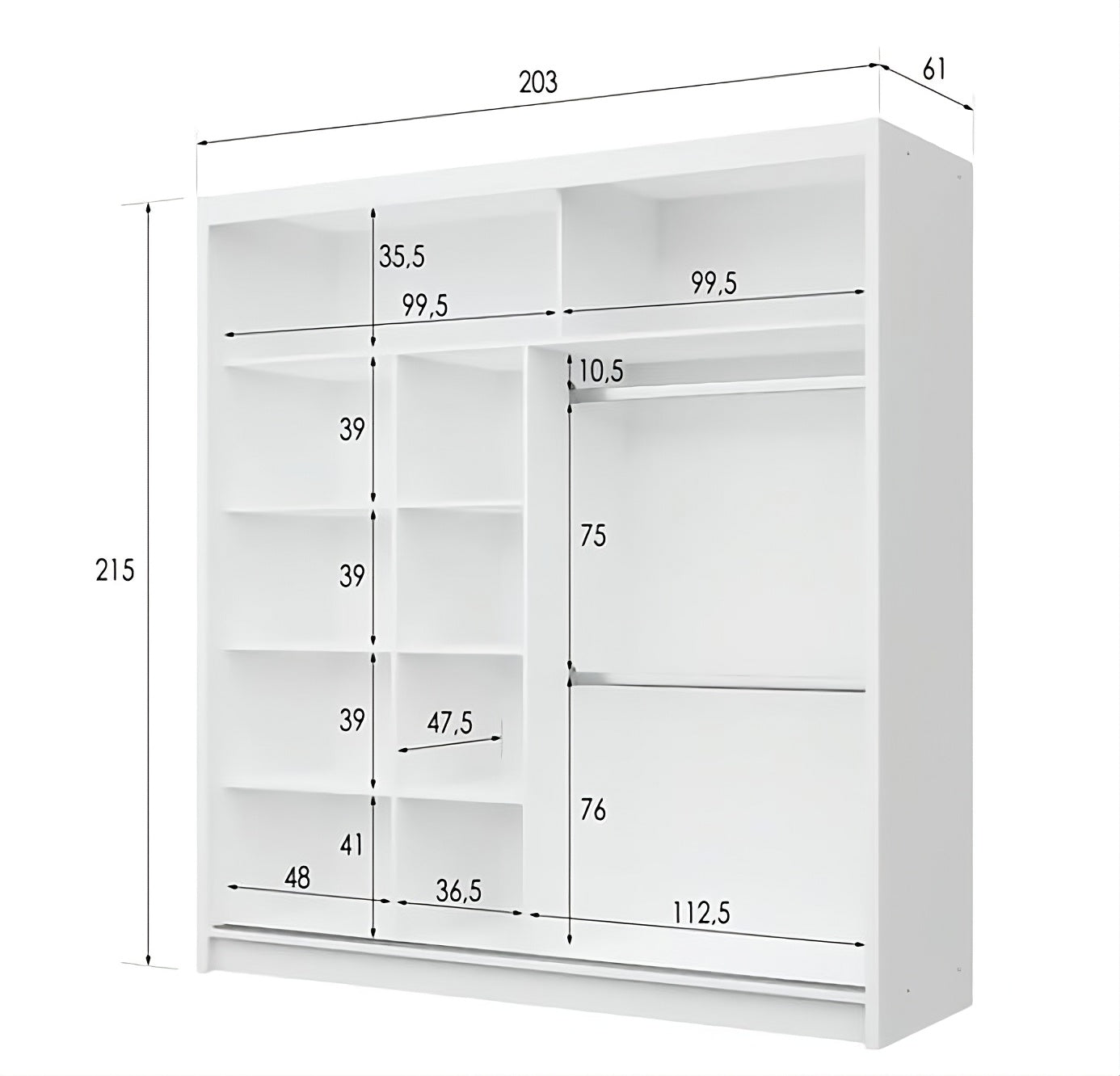 White Gloss & Black Gloss Sliding Wardrobe 203cm - Bold Contrast with Smart Mirrored Finish