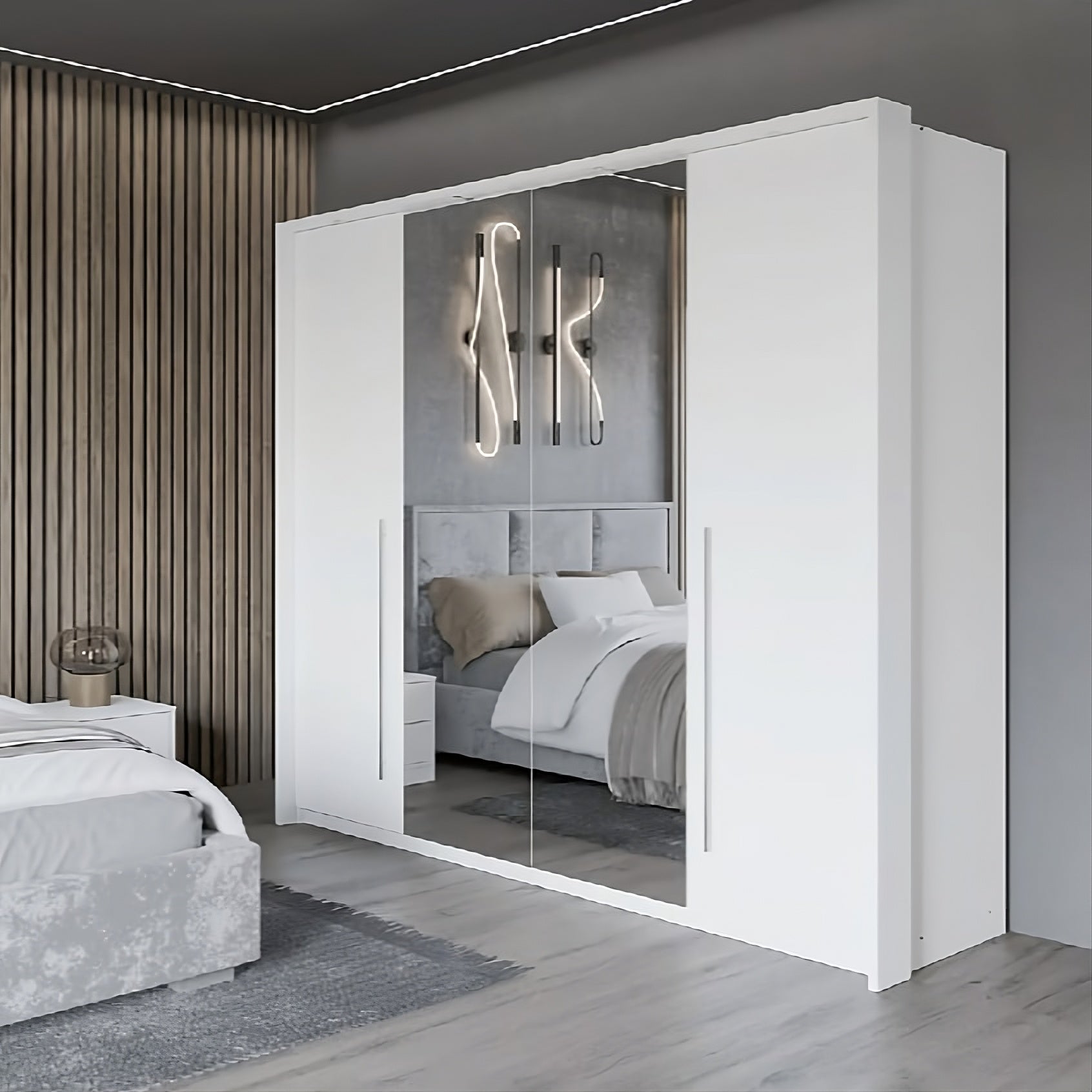 BREMA 256cm Swing Bi-folding Door Wardrobe in White Matte - Bright, Functional Elegance with Mirrored Doors