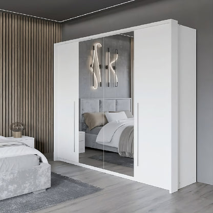 BREMA 256cm Swing Bi-folding Door Wardrobe in White Matte - Bright, Functional Elegance with Mirrored Doors
