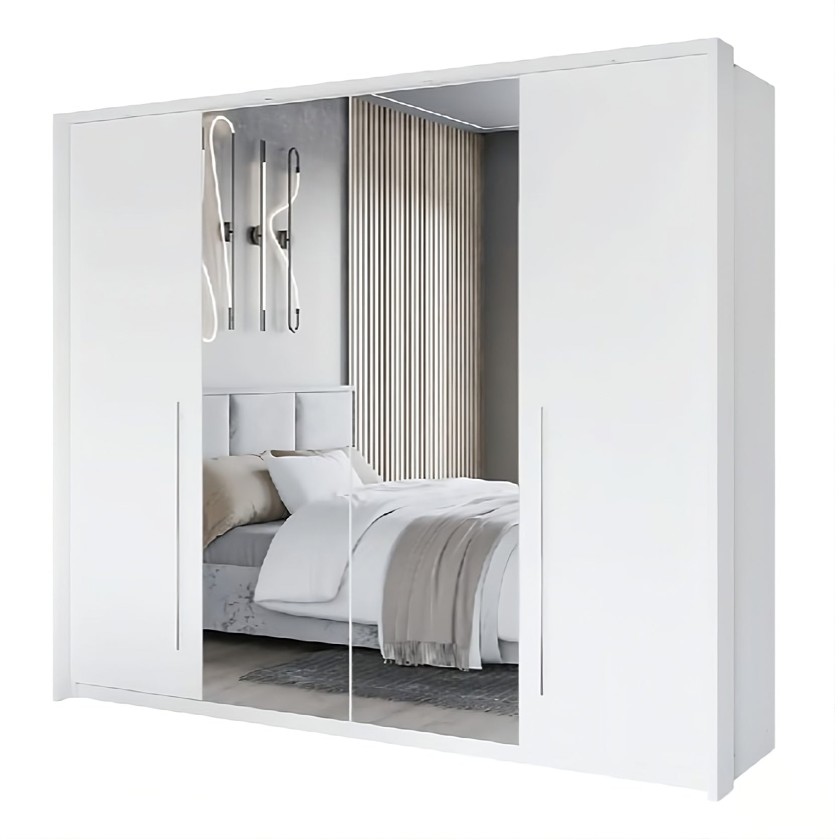 BREMA 256cm Swing Bi-folding Door Wardrobe in White Matte - Bright, Functional Elegance with Mirrored Doors