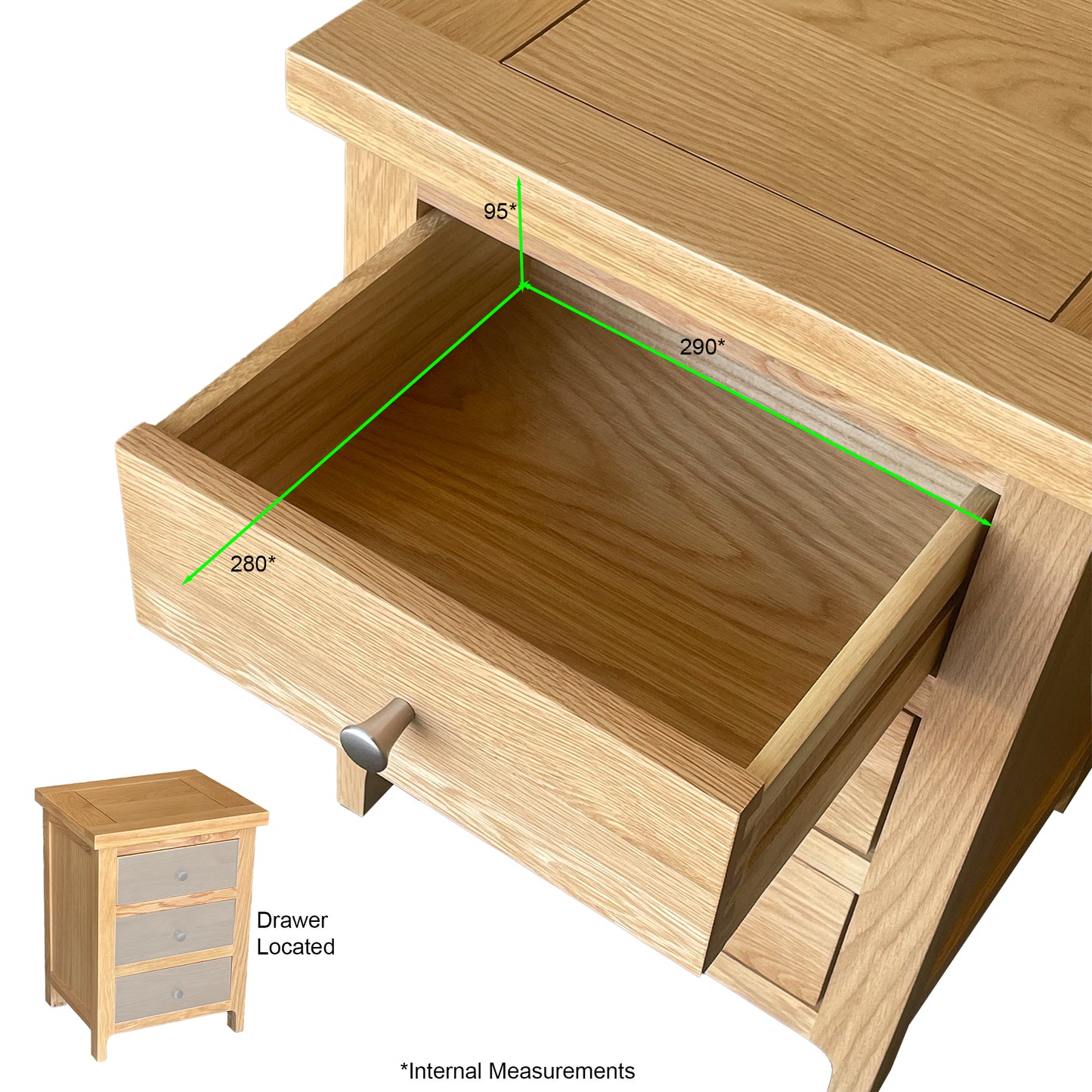 Como 3 Drawer Bedside Cabinet – Solid American Oak & Oak Veneer. 3 Drawers