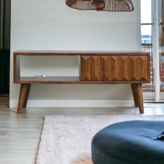 Chestnut Prism Sliding Media Unit. 100% Solid Mango Wood