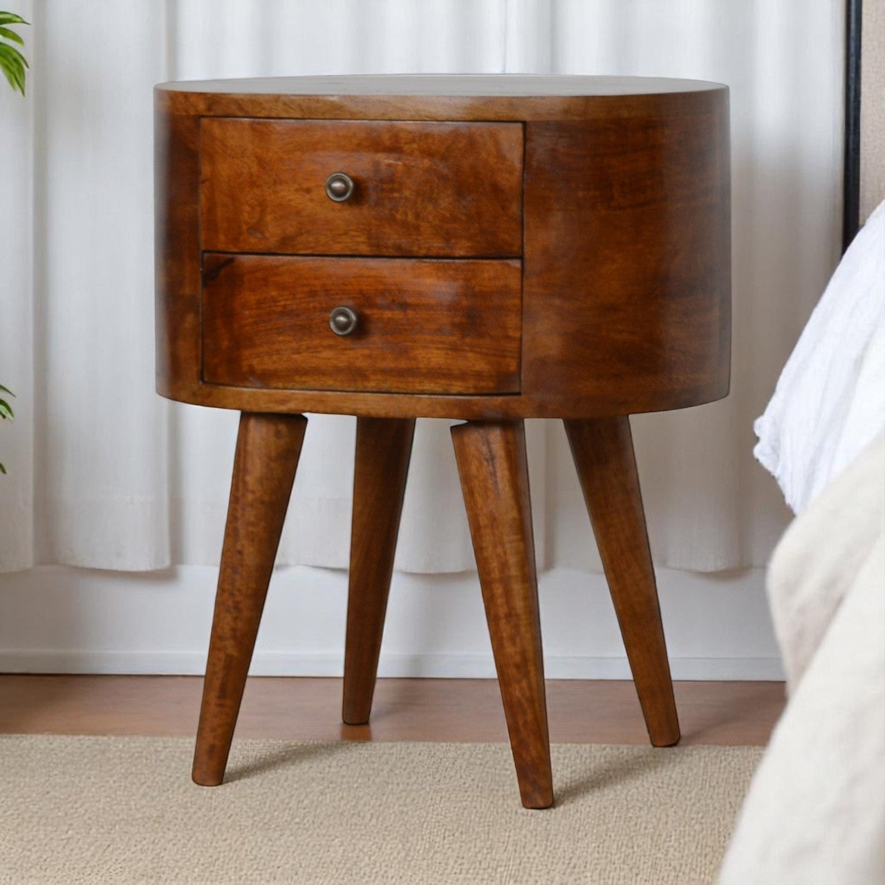 Chestnut Rounded Bedside Table. 100% Solid Mango Wood