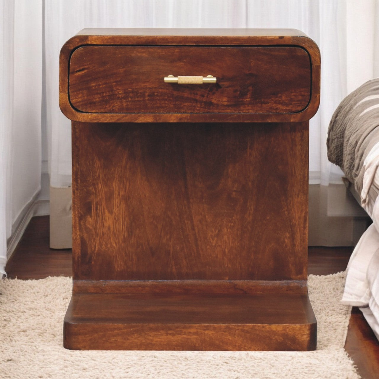 Chestnut T-Bar Rounded Bedside. 100% Solid Mango Wood
