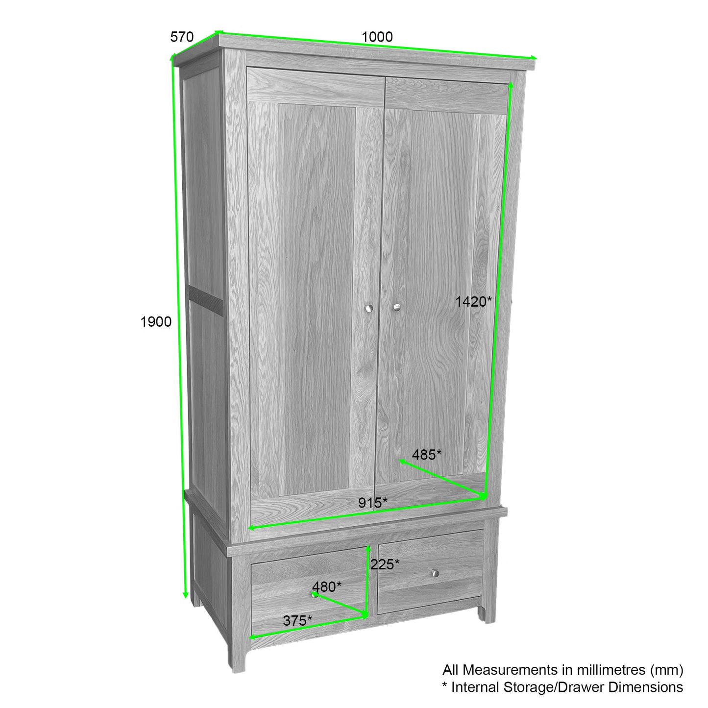 Como 2 Door 2 Drawer Wardrobe. Solid American Oak Frame