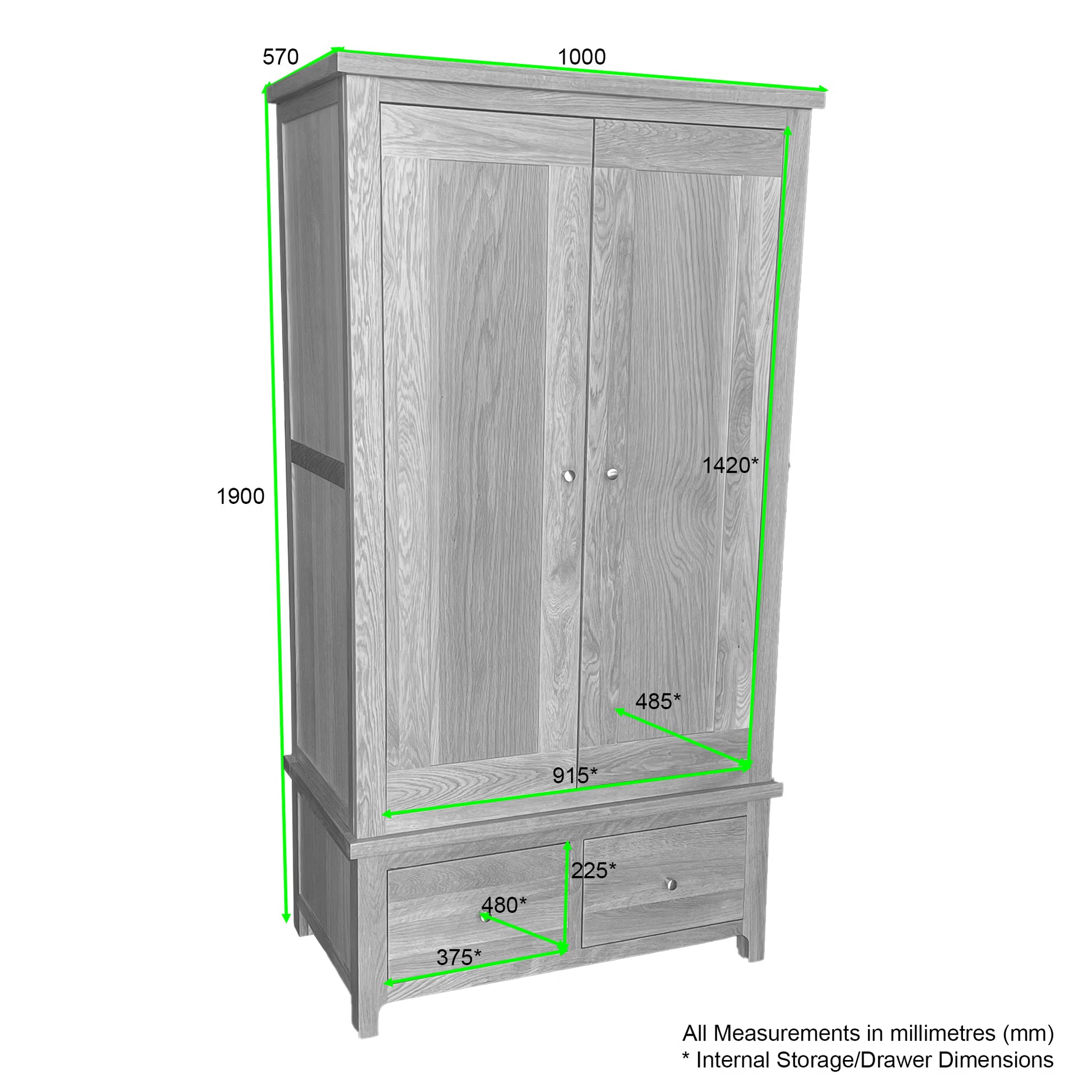 Como 2 Door 2 Drawer Wardrobe. Solid American Oak Frame