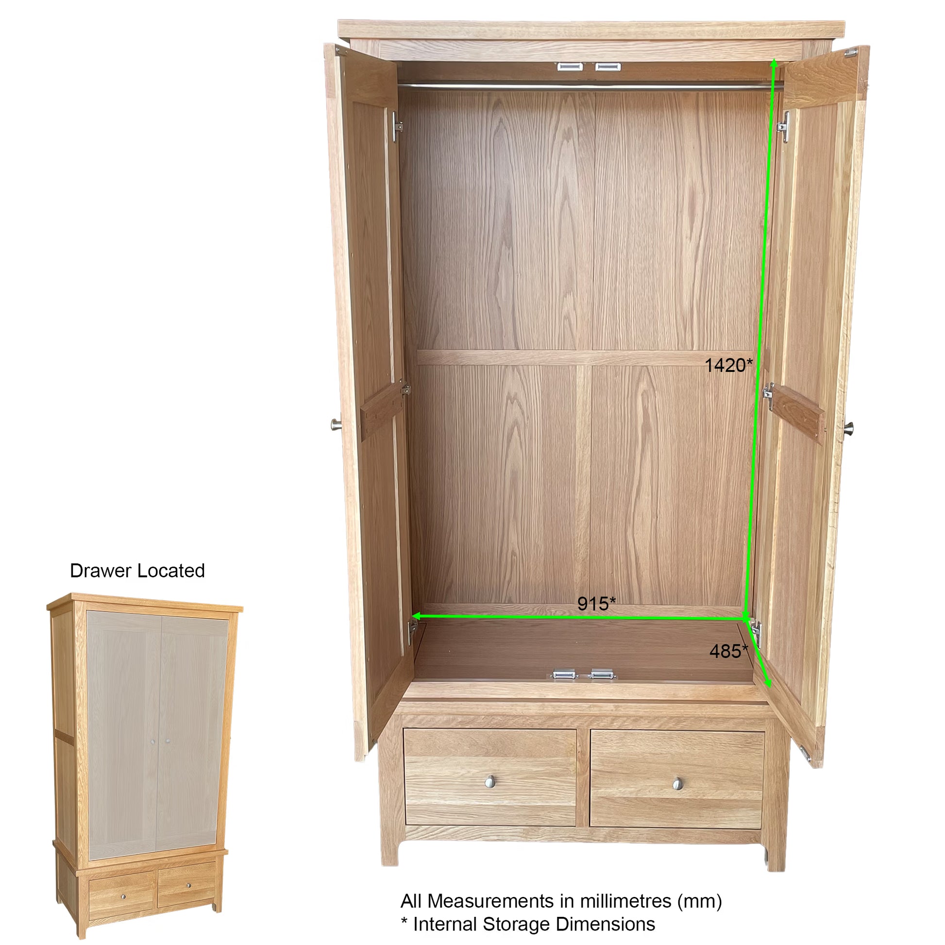 Como 2 Door 2 Drawer Wardrobe. Solid American Oak Frame