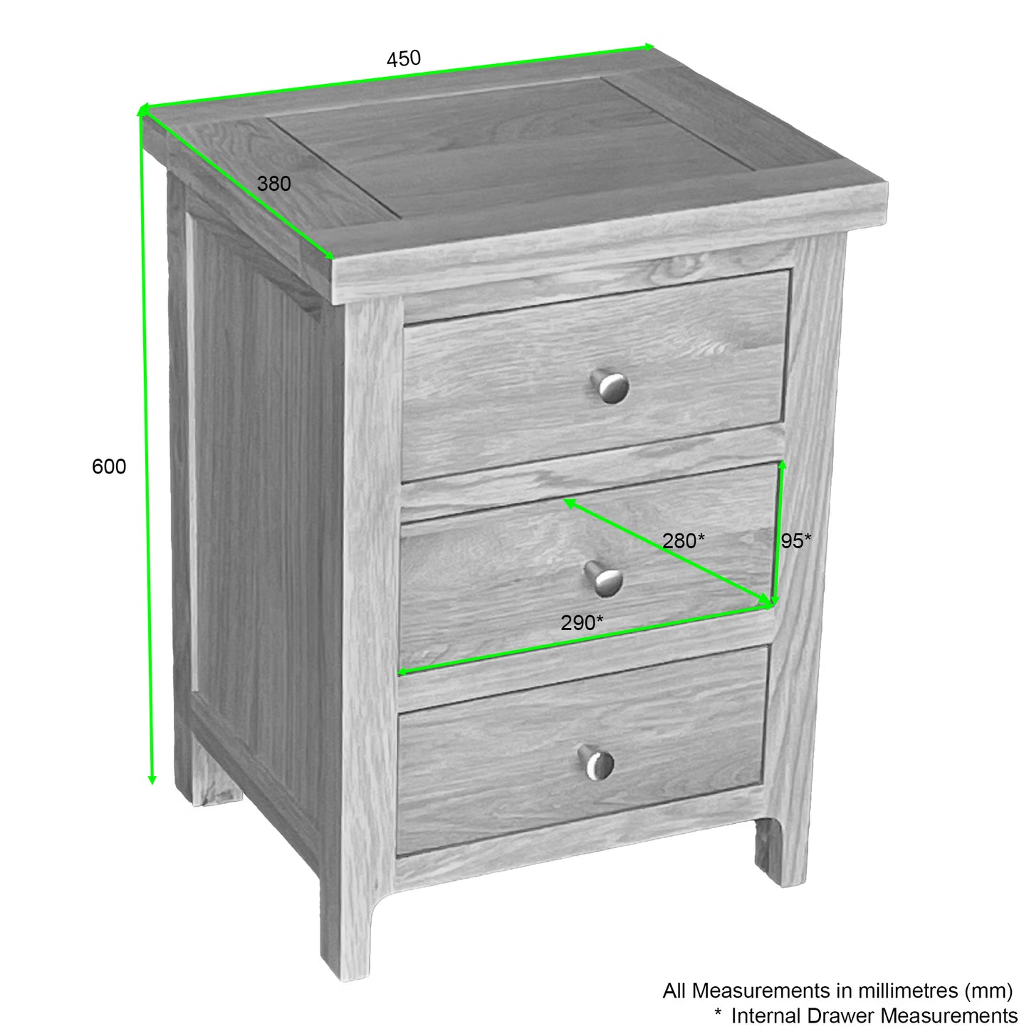 Como 3 Drawer Bedside Cabinet – Solid American Oak Frame