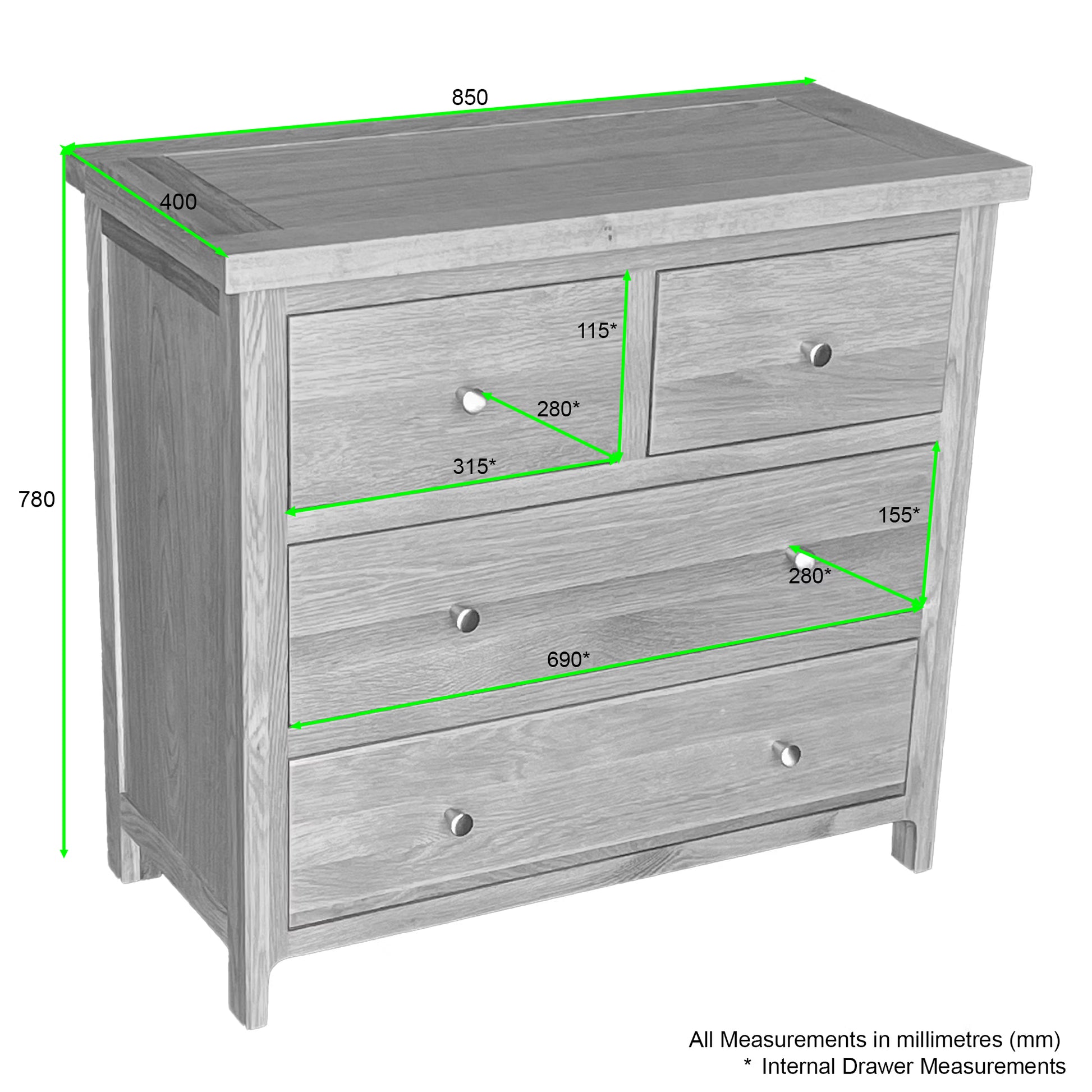 Como 4 Drawer Chest - Solid American Oak Frame. 4 Drawers