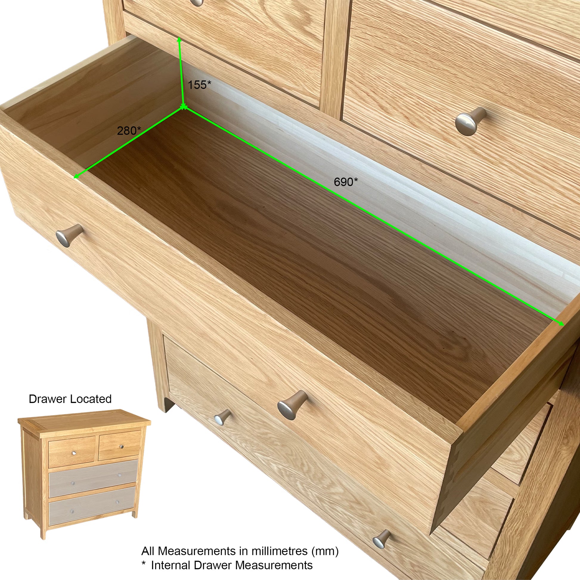 Como 4 Drawer Chest - Solid American Oak Frame. 4 Drawers