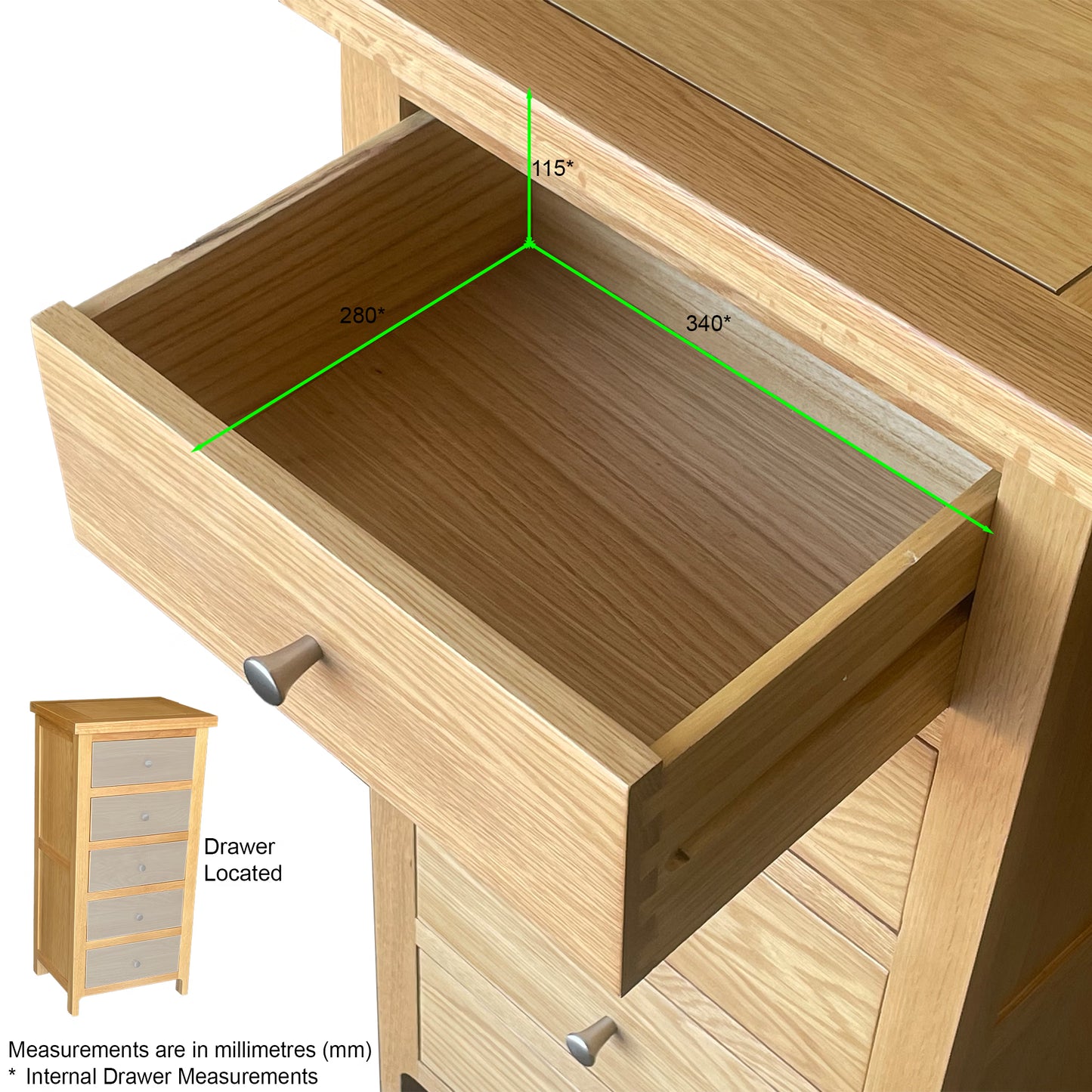 Como 5 Drawer Ches – Solid American Oak & Oak Veneer. 5 Drawers