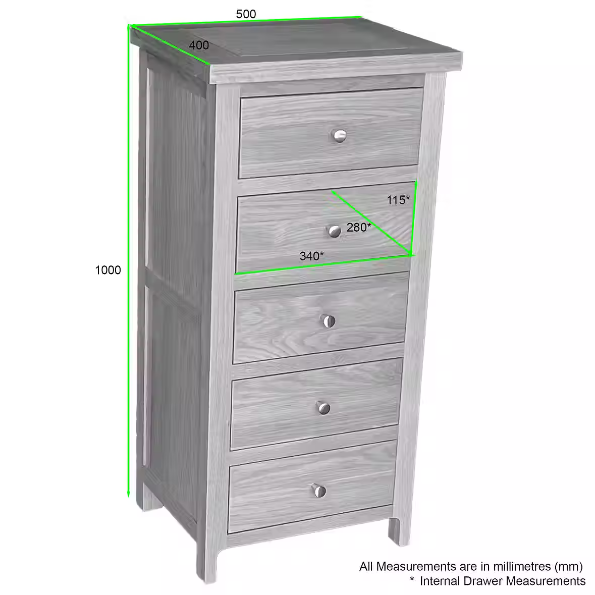 Como 5 Drawer Ches – Solid American Oak & Oak Veneer. 5 Drawers