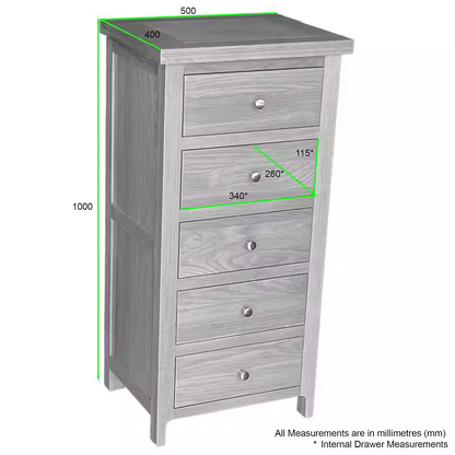 Como 5 Drawer Ches – Solid American Oak & Oak Veneer. 5 Drawers