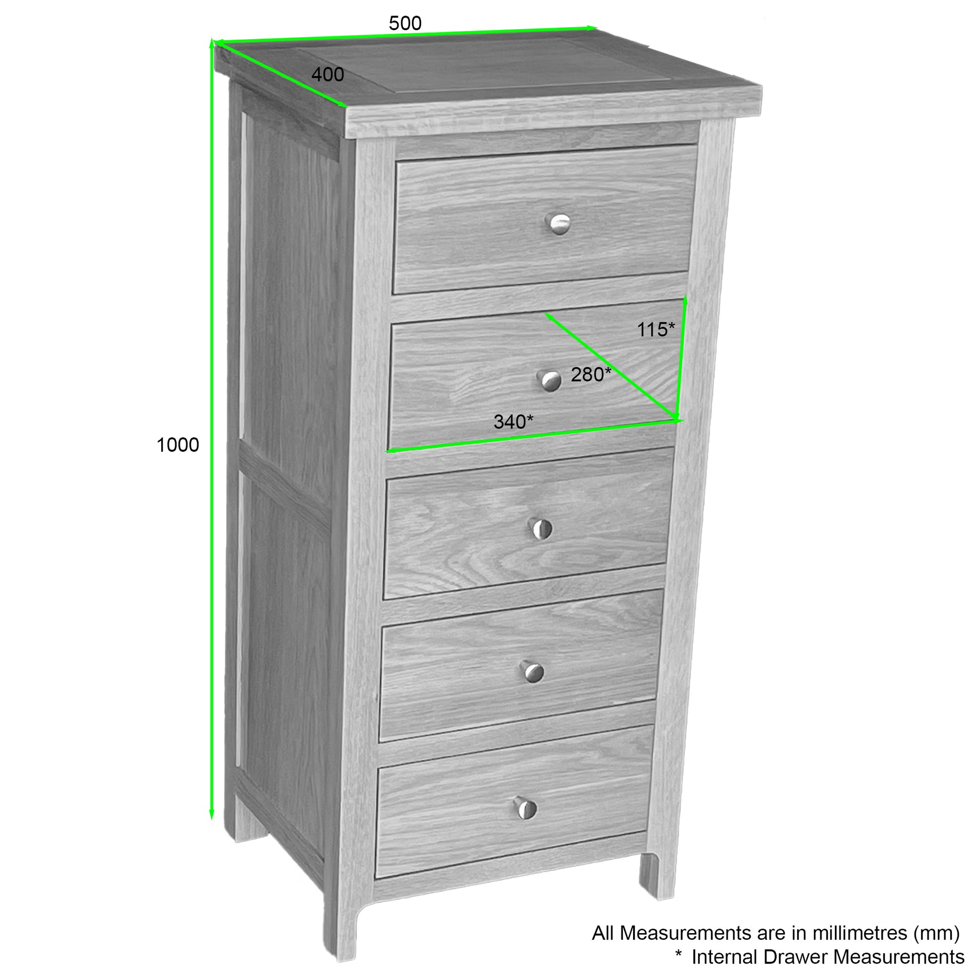 Como 5 Drawer Chest – Solid American Oak Frame