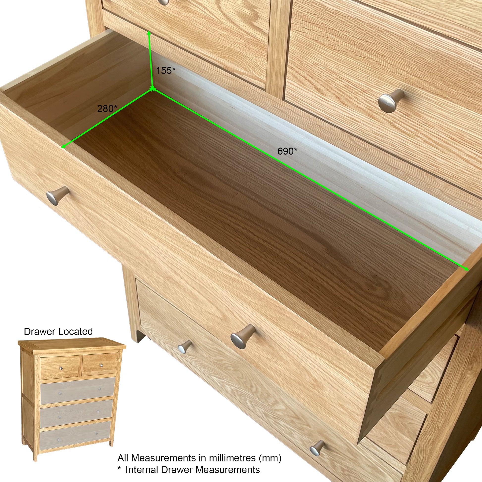 Como 5 Drawer Wide Chest – Solid American Oak Frame