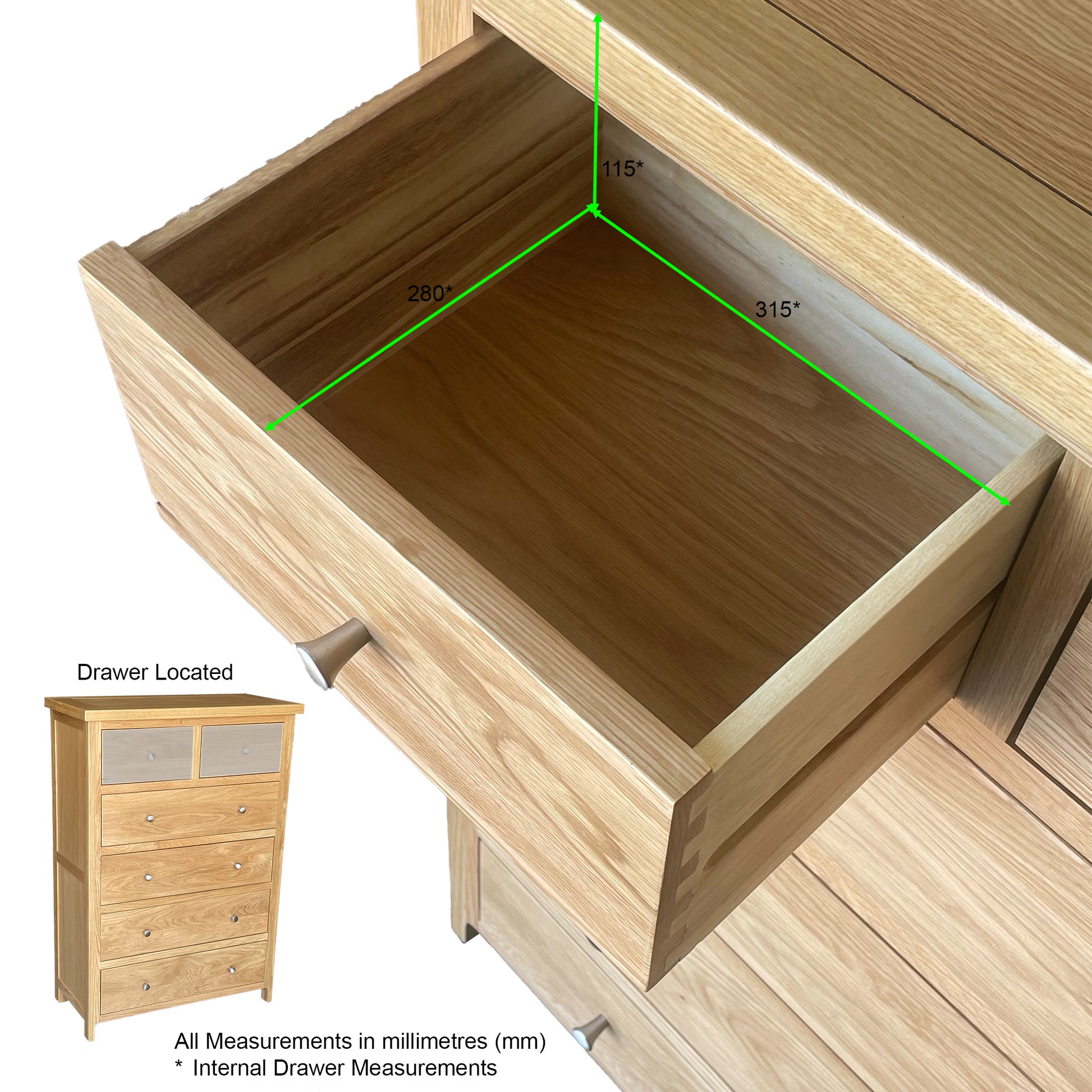 Como 6 Drawer Chest – Solid American Oak Frame (85cm Wide)